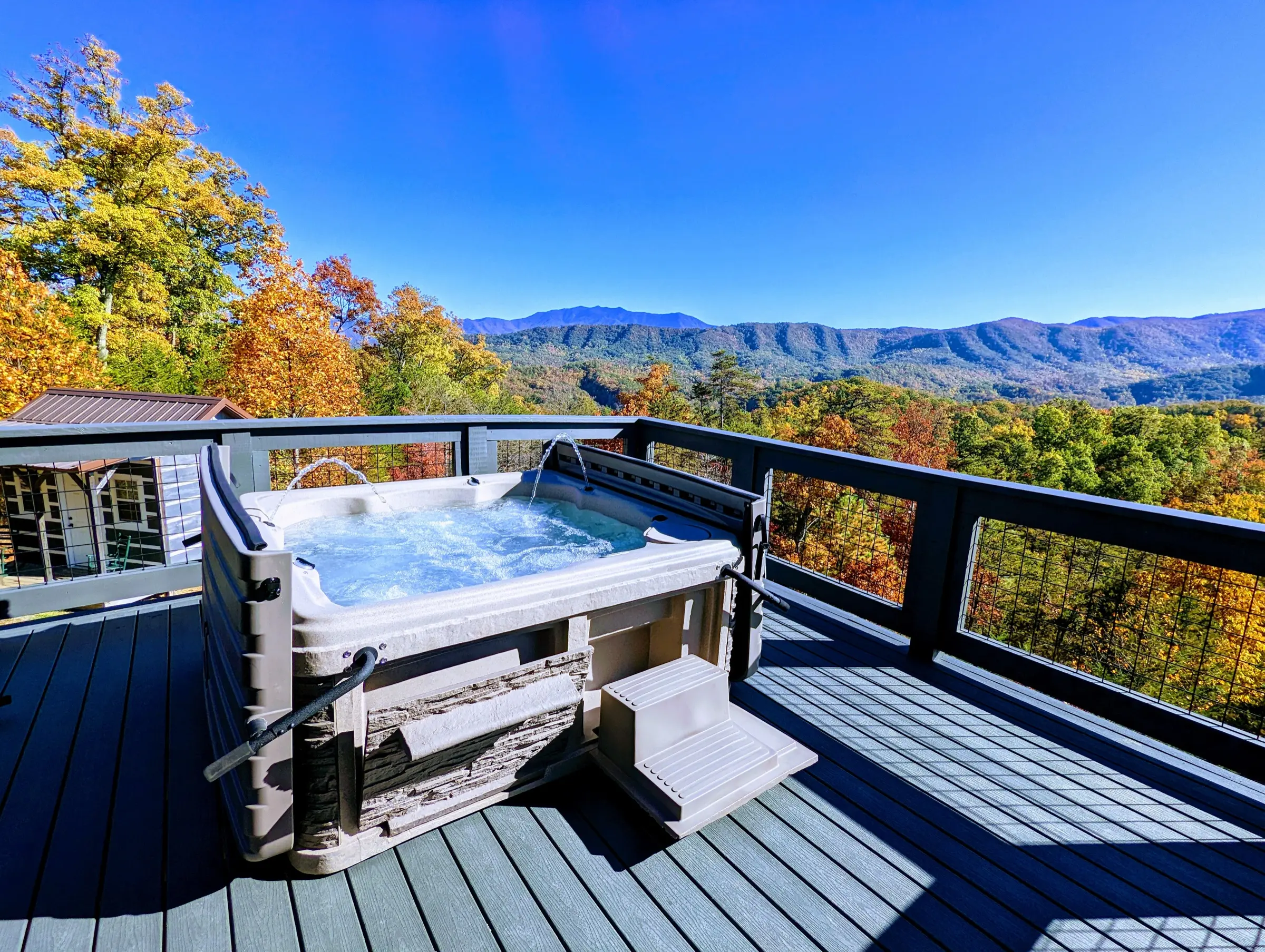 Private 5-person hot tub deck overlooking the Smoky Mountains
